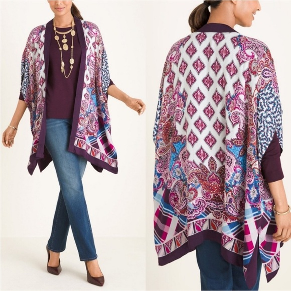NWT CHICO'S Patchwork Print Ruana Poncho Shawl Wrap S/M - Picture 1 of 14